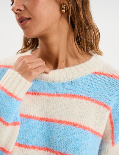 Pull col rond manches longues ecru femme