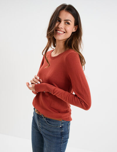 Pull col rond boutons aux poignets vieux rose femme