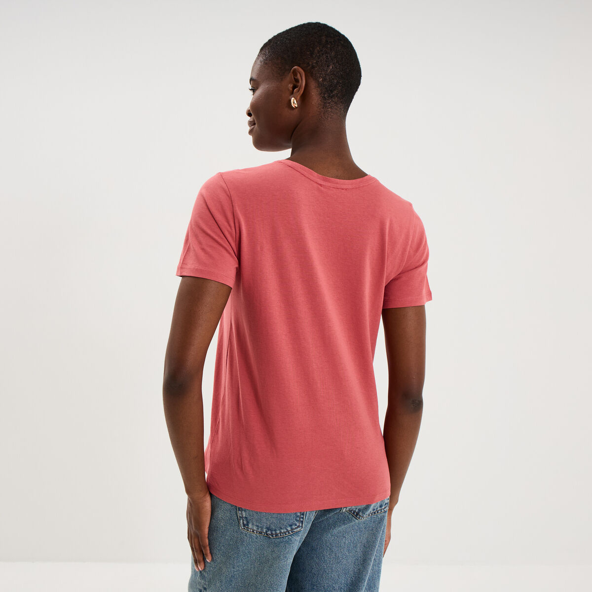 T-shirt ajust&eacute; manches courtes coton vieux rose femme