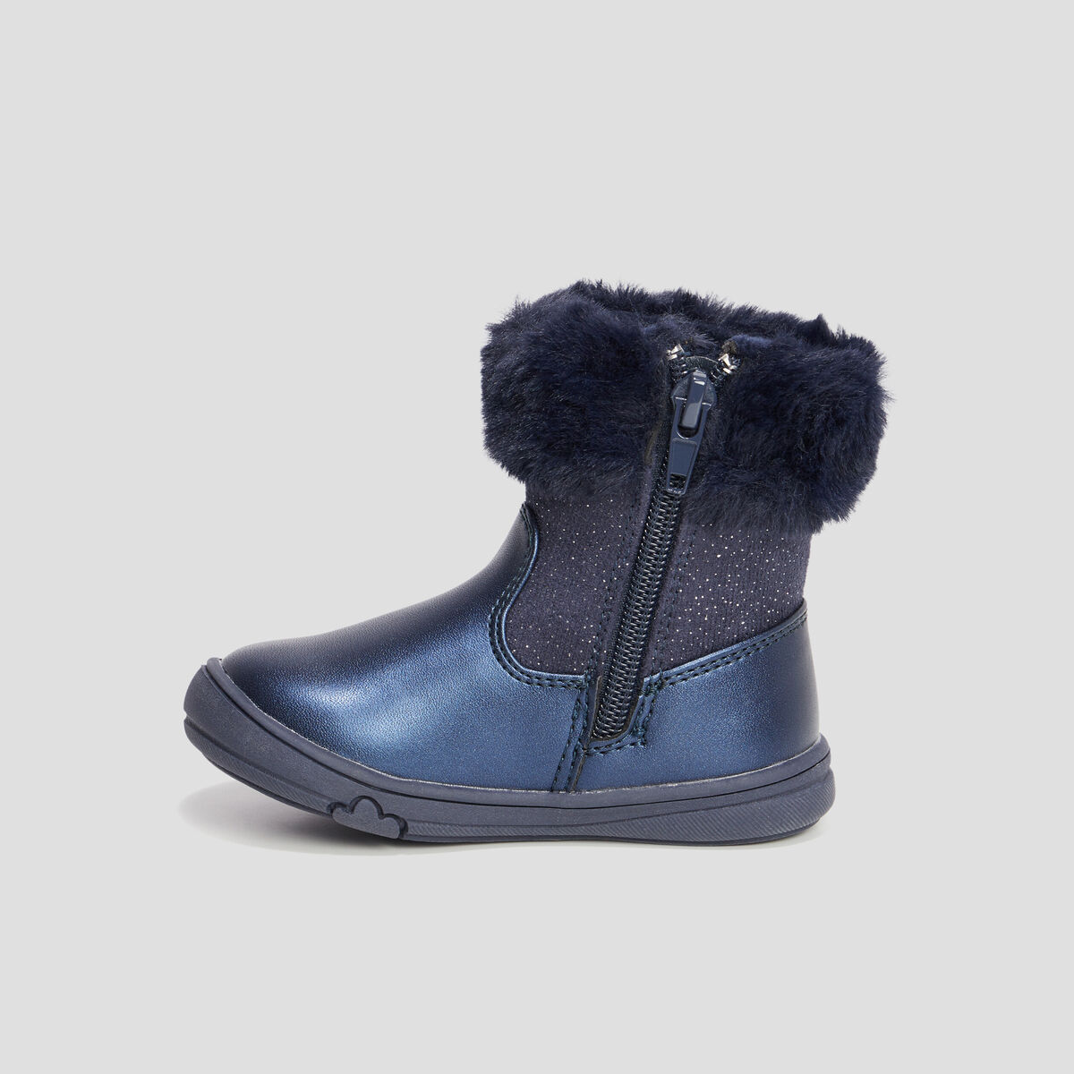 Bottines fausse fourrure et paillettes bleu marine b&eacute;b&eacute; fille