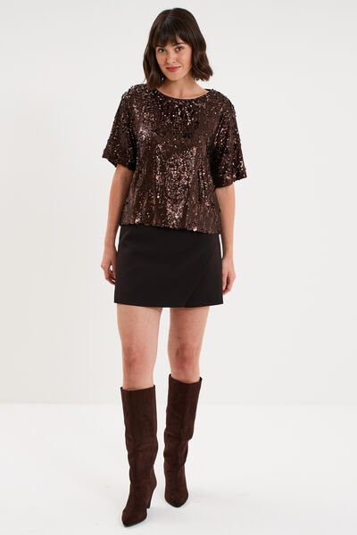 T-shirt &agrave; sequins manches courtes marron fonc&eacute; femme