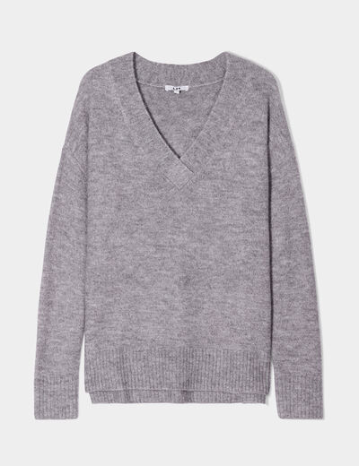 Pull droit ample col V fentes aux côtés gris clair femme