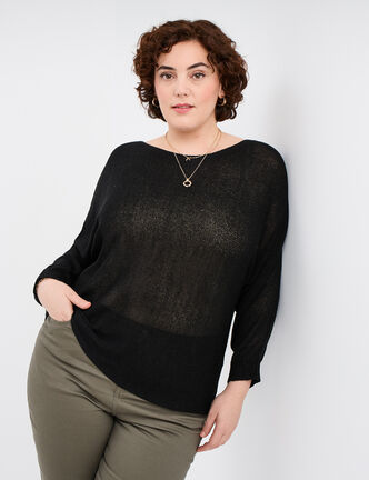 Pull manches longues col rond noir femme grande taille