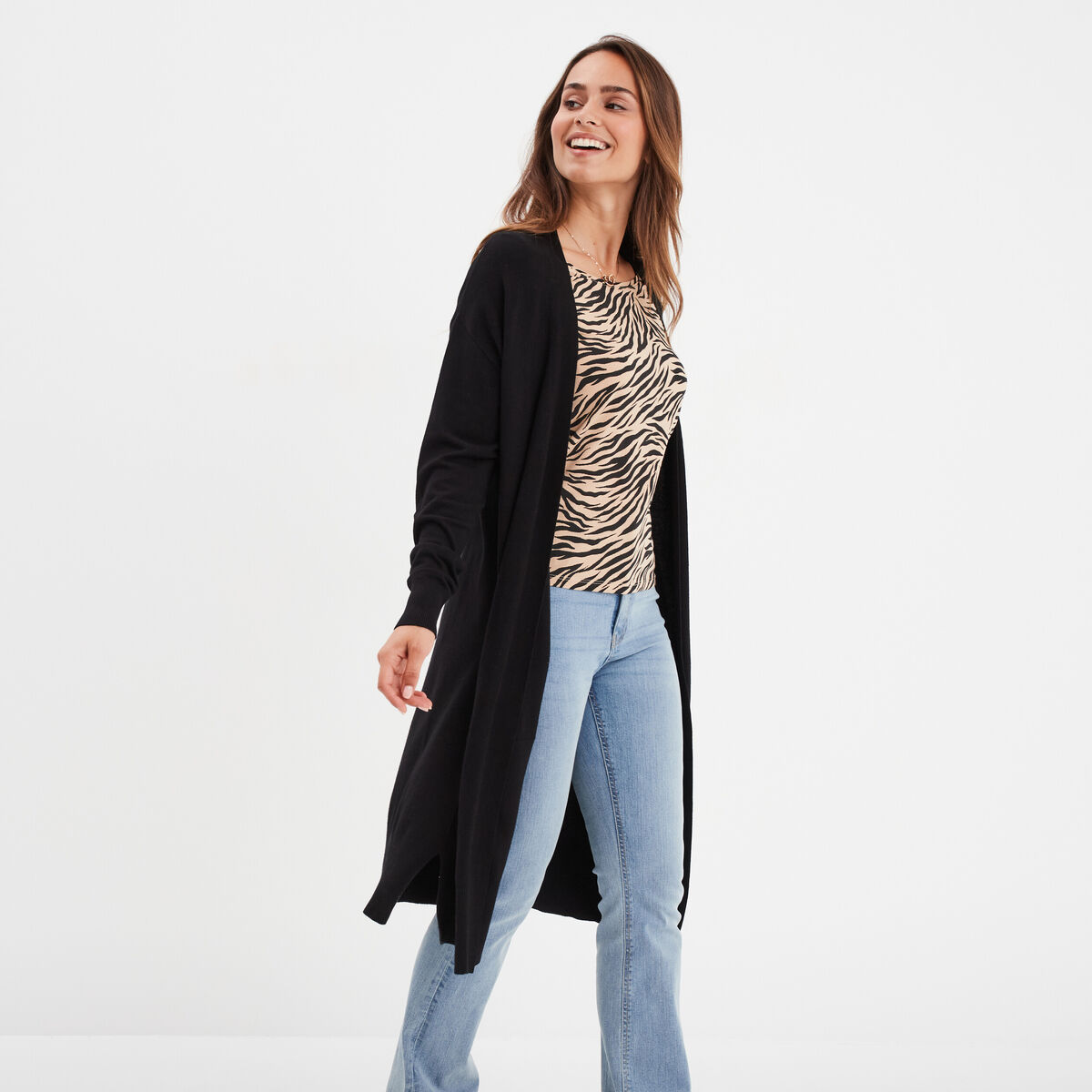 Gilet long droit avec poches noir femme