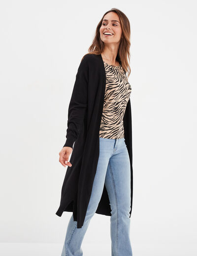 Gilet long droit avec poches noir femme