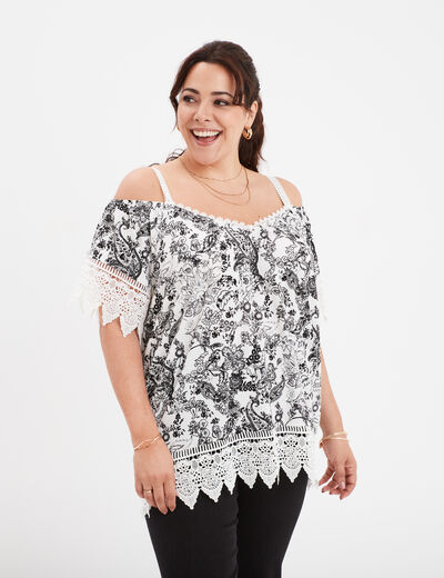 T-shirt col bardot avec dentelle ecru femme grande taille