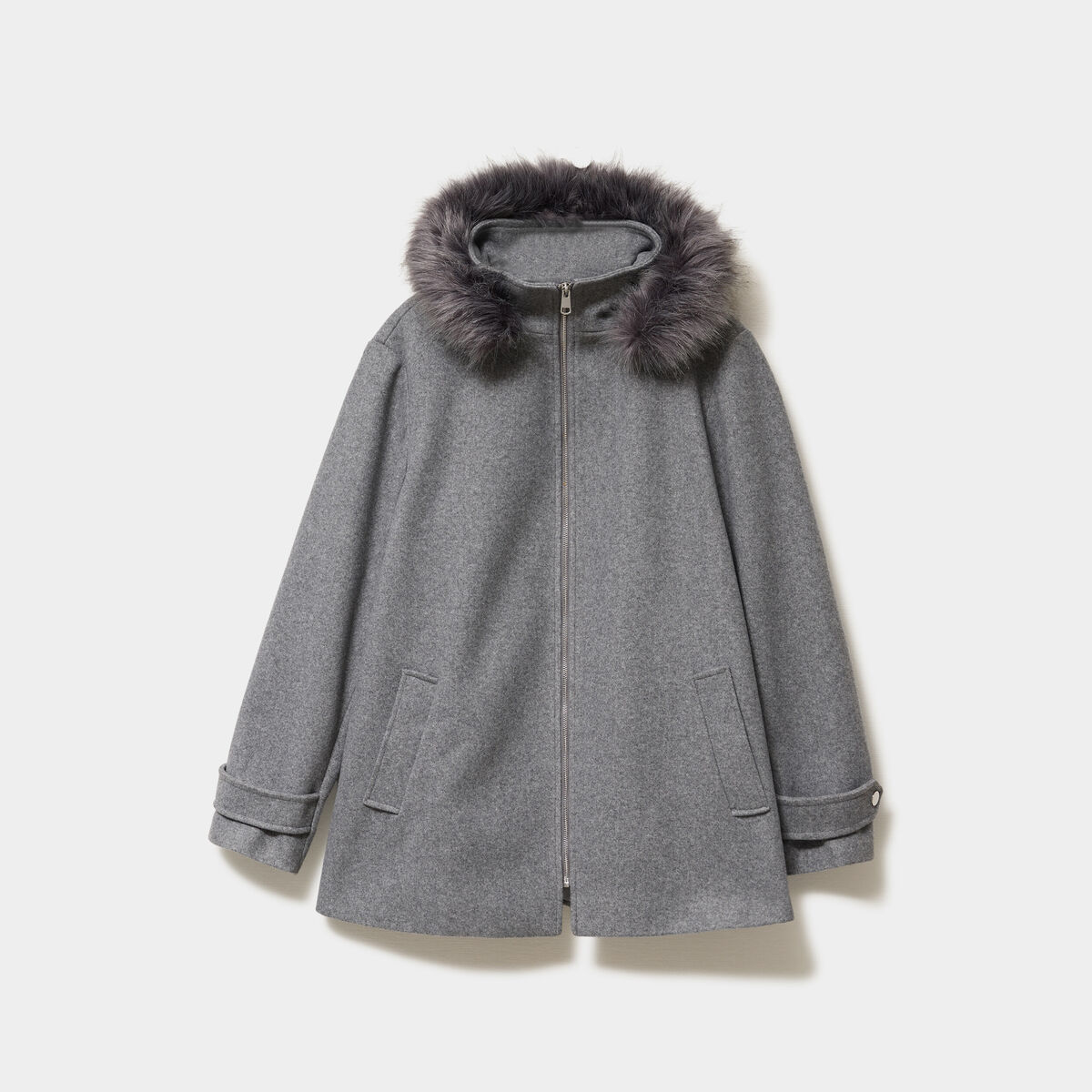 Manteau zipp&eacute; &agrave; capuche fausse fourrure gris femme grande taille