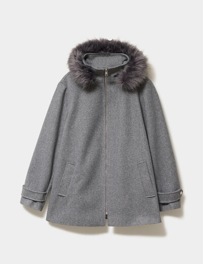 Manteau zipp&eacute; &agrave; capuche fausse fourrure gris femme grande taille