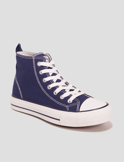 Tennis montantes &agrave; lacets en toile bleu marine femme