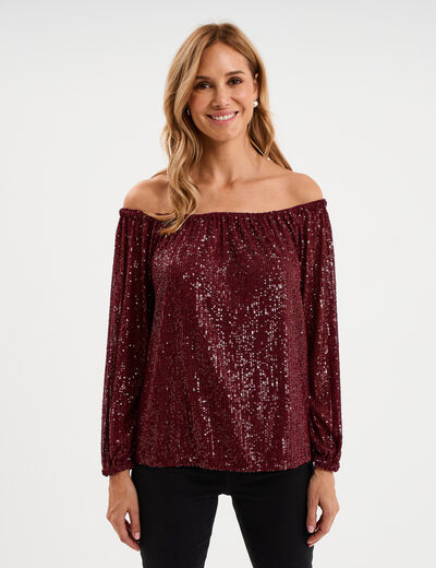 T-shirt sequins et col bardot rouge fonc&eacute; femme