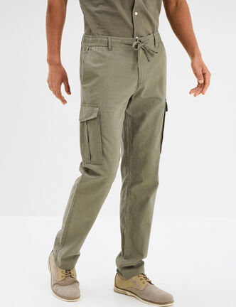 Pantalon cargo en lin m&eacute;lang&eacute; vert kaki homme
