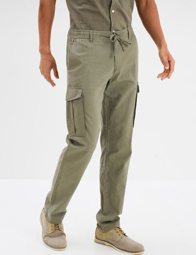 Pantalon cargo en lin m&eacute;lang&eacute; vert kaki homme
