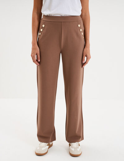 Pantalon droit &agrave; pont taille &eacute;lastiqu&eacute;e marron clair femme