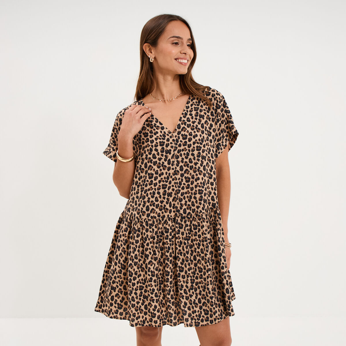 Robe courte fluide manches courtes beige clair femme