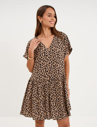 Robe courte fluide manches courtes beige clair femme