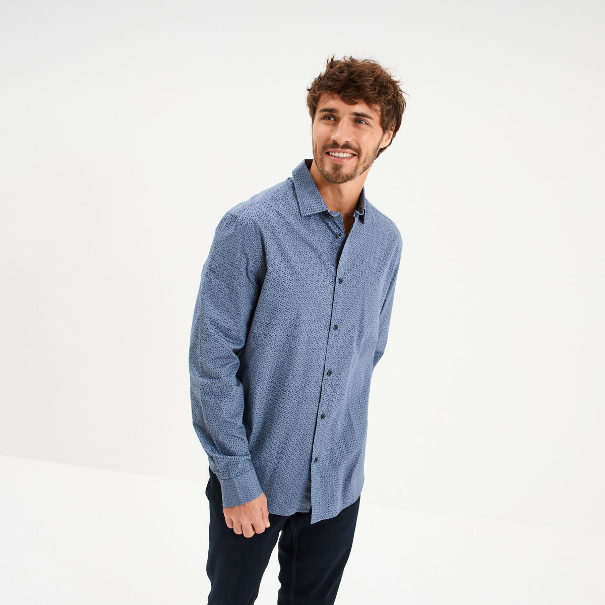 Chemise droite imprim&eacute;e manches longues blanc homme