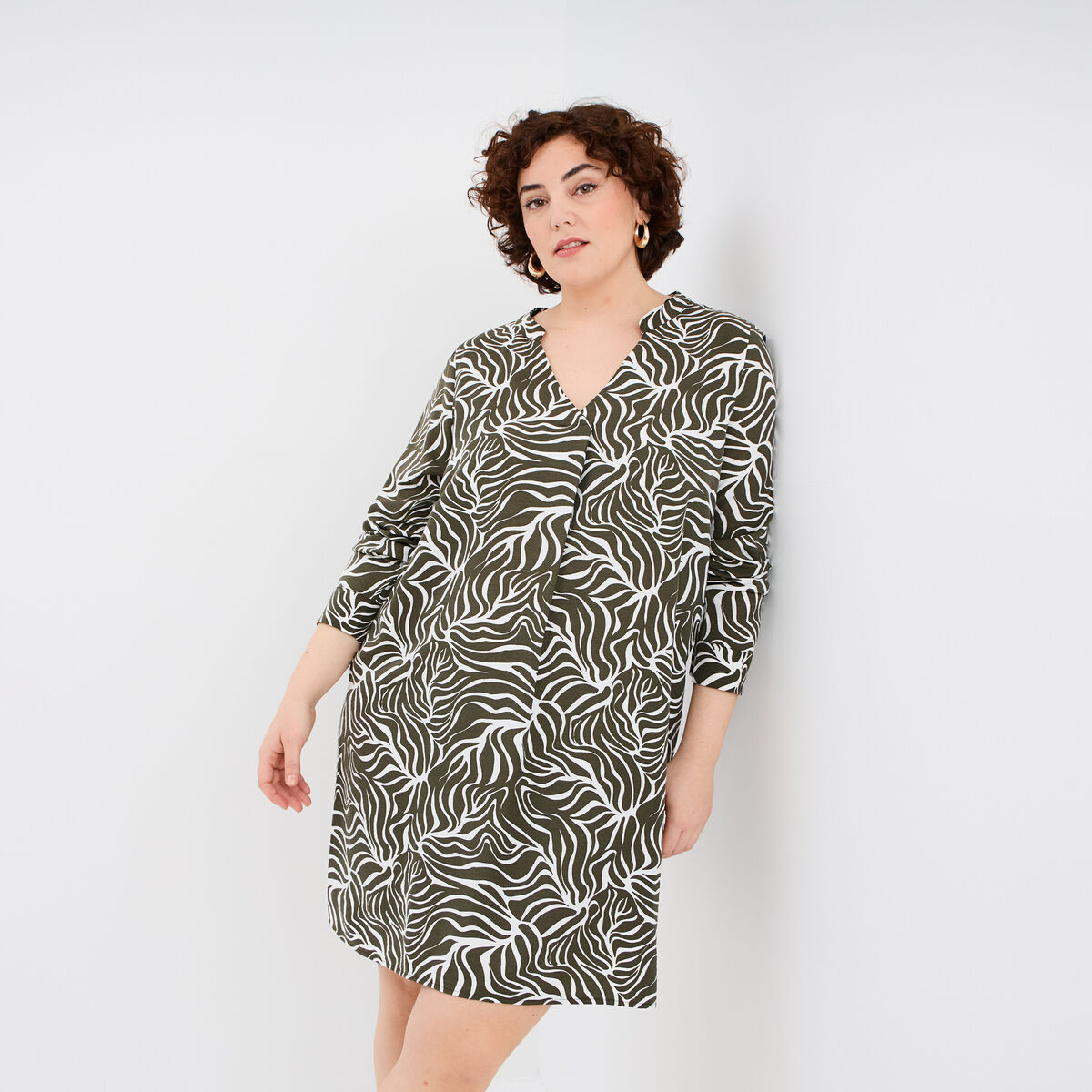 Robe courte ample col en V vert kaki femme grande taille