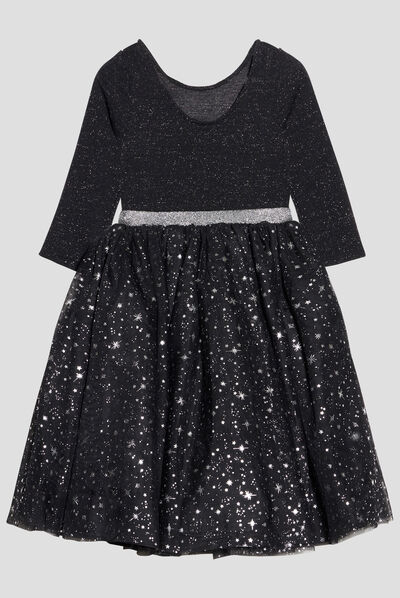 Robe de soirée évasée à fils métallisés noir fille