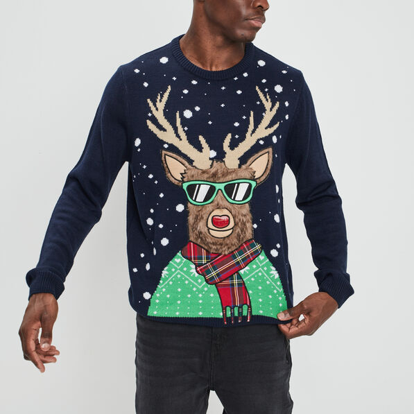 pull de noel avec col rond bleu marine homme Pull de Noël avec col rond bleu marine homme