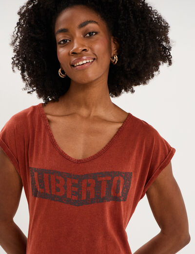 T-shirt d&eacute;lav&eacute; en coton marron femme