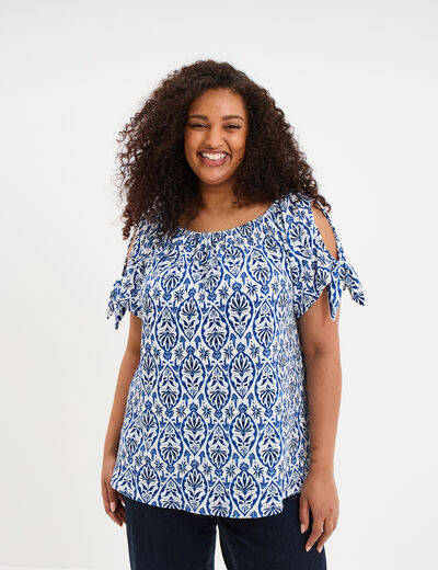 T-shirt gaufr&eacute; avec manches &agrave; noeuds ecru femme grande taille