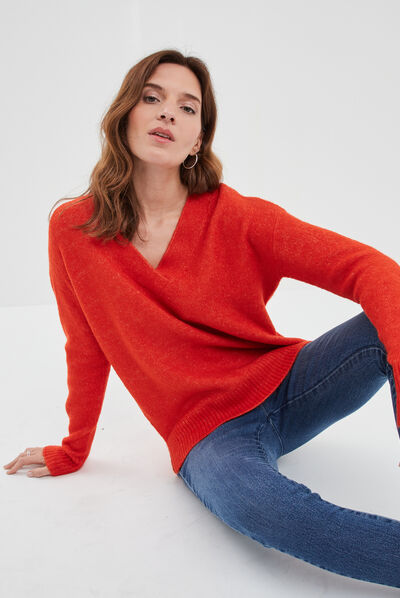Pull col en V fentes aux côtés rouge corail femme