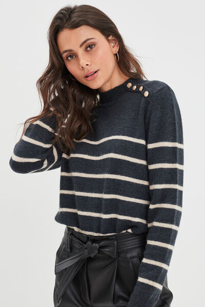 Pull marinière boutons à l'épaule bleu marine femme