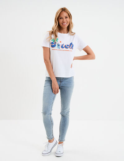 T-shirt manches courtes coton Stitch blanc femme