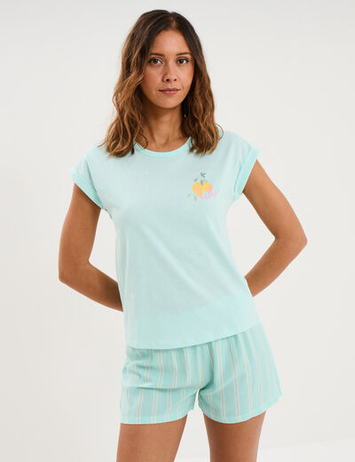 Ensemble pyjama short et t-shirt vert turquoise femme