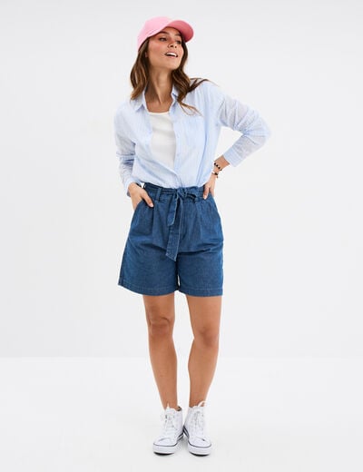 Short large jean coton ceinture à nouer denim double stone femme