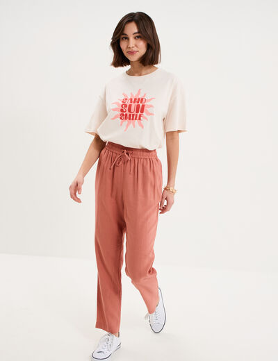 Pantalon droit 7/8&egrave;me lin m&eacute;lang&eacute; terracotta femme