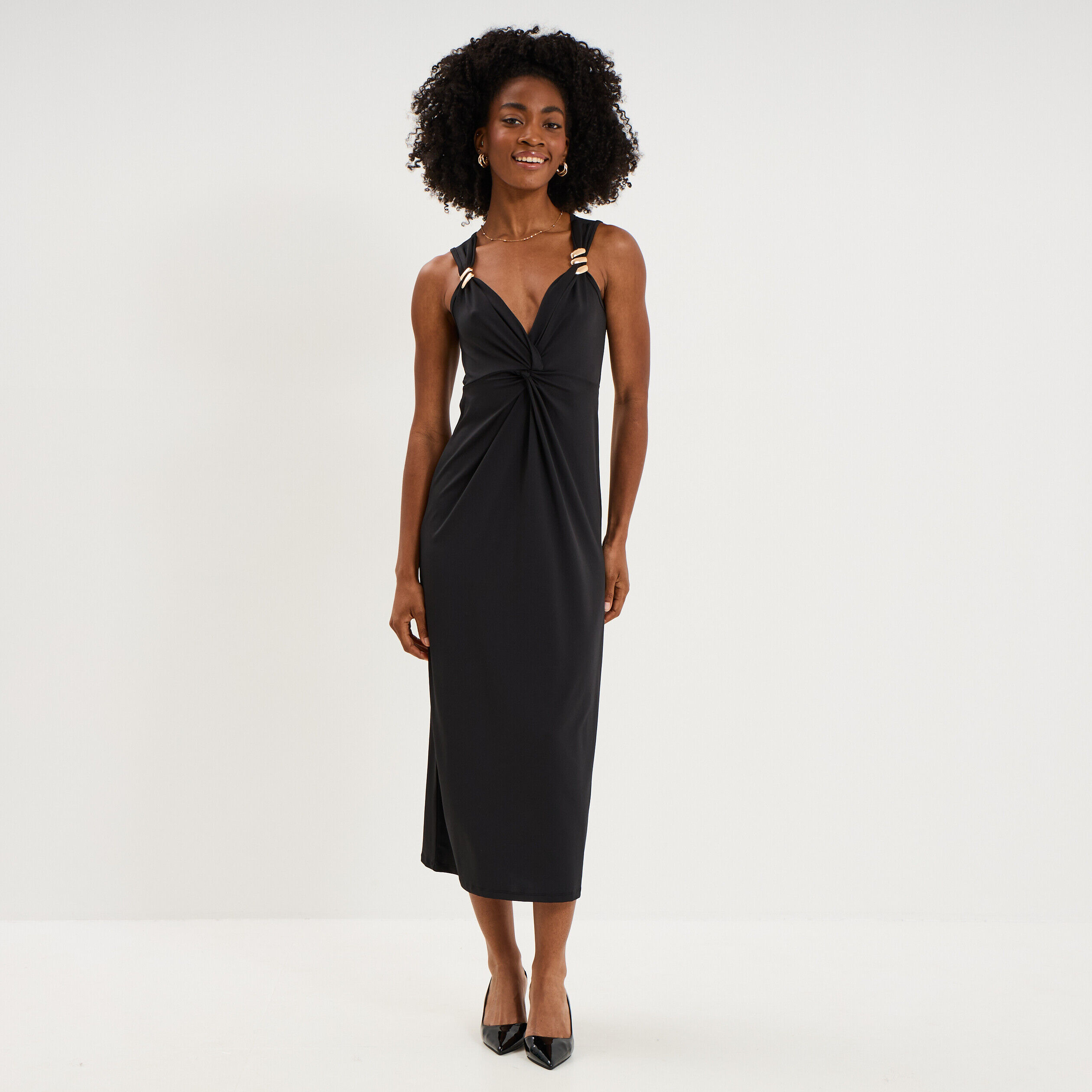Robe longue épaules détails bijoux noir femme MOSQUITOS