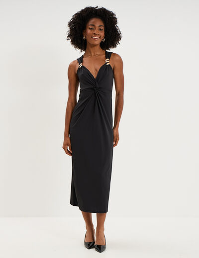 Robe longue &eacute;paules d&eacute;tails bijoux noir femme