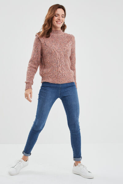 Pull détails torsades col montant rose clair femme
