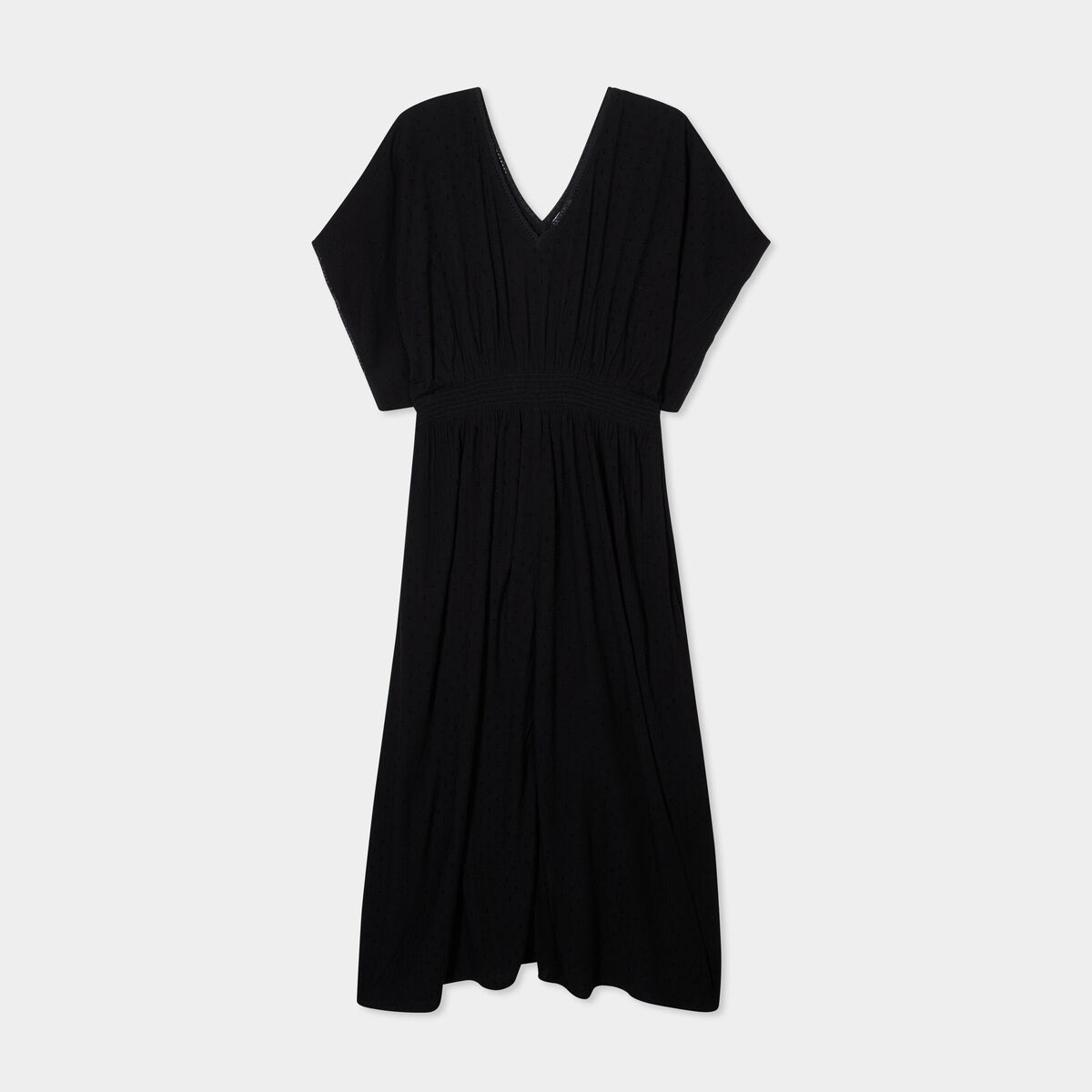 Robe longue en plumetis taille smockée noir femme grande taille