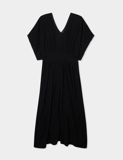 Robe longue en plumetis taille smockée noir femme grande taille