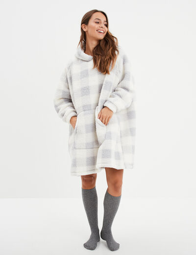 Poncho plaid effet polaire à capuche ecru femme