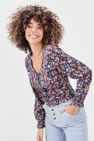Chemise fleurie col V bleu marine femme