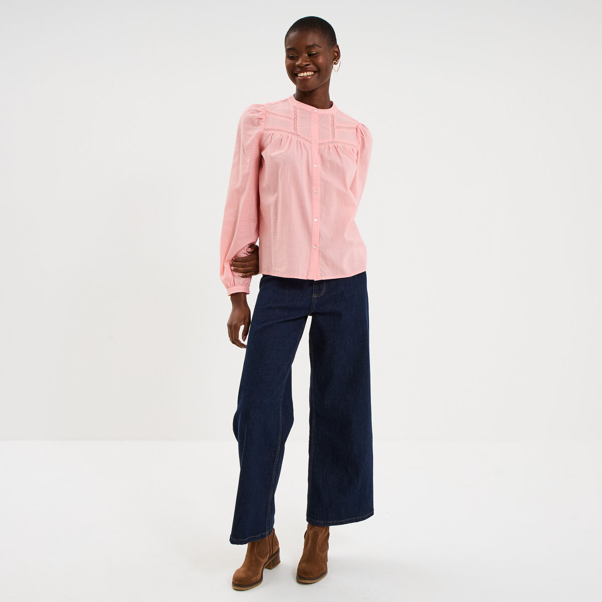 Blouse droite manches longues coton rose femme