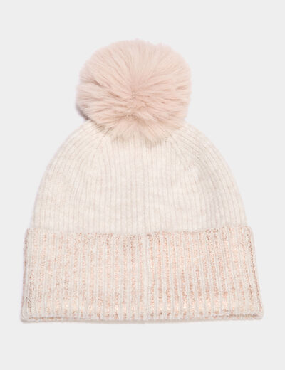 Bonnet &agrave; pompon fausse fourrure sable femme