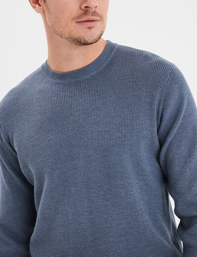 Pull en maille textur&eacute;e col rond bleu fonc&eacute; homme
