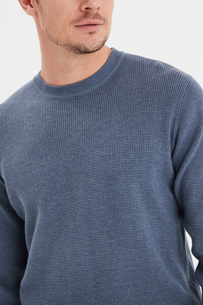 Pull en maille textur&eacute;e col rond bleu fonc&eacute; homme