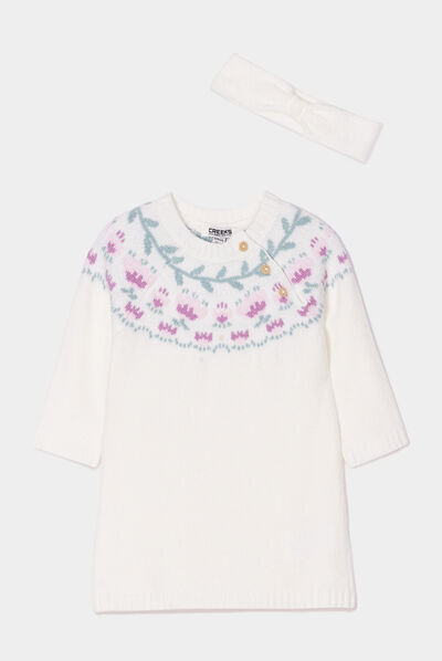 Ensemble robe pull et bandeau Creeks blanc bébé fille