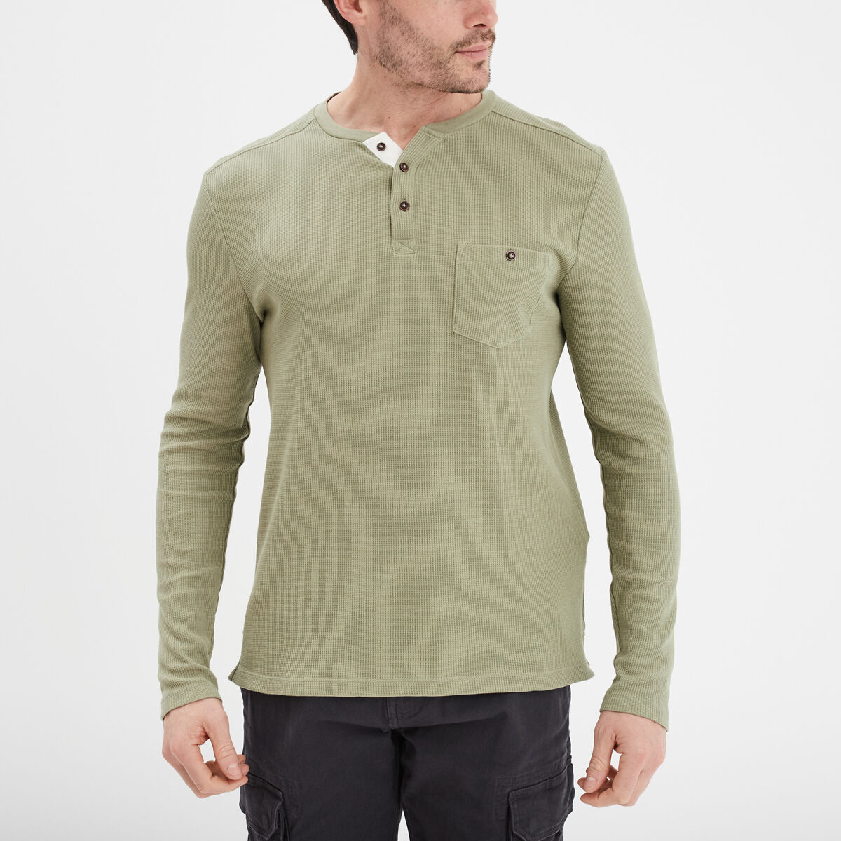 T-shirt col tunisien 1 poche Trappeur vert kaki homme