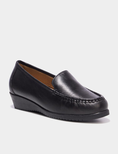 Mocassins compens&eacute;s confort cuir noir femme