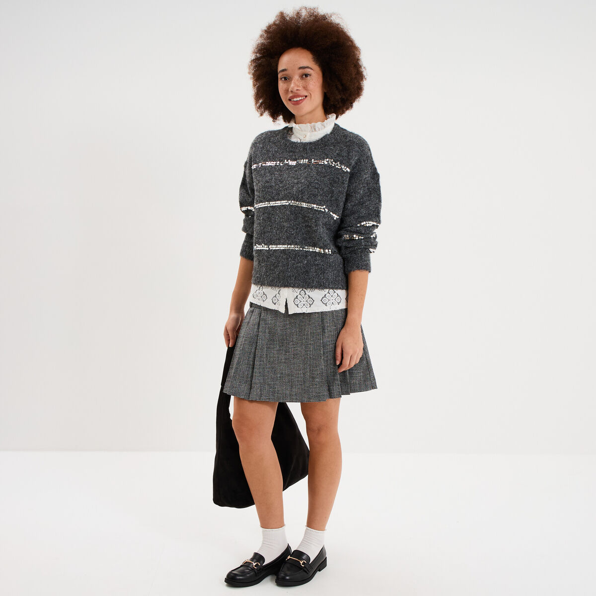 Pull col rond &agrave; sequins manches longues gris femme