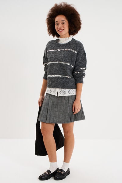 Pull col rond &agrave; sequins manches longues gris femme