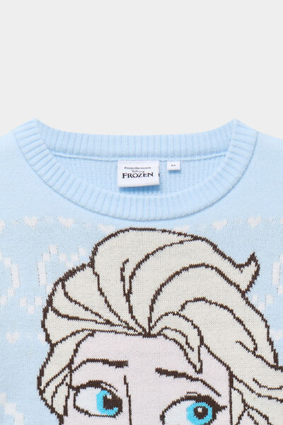 Pull col rond La reine des neiges bleu fille