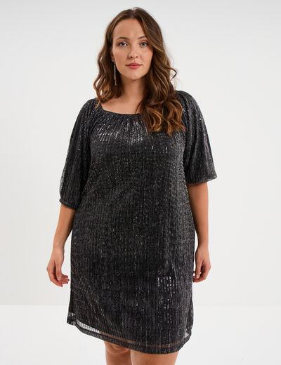Robe &agrave; strass et manches 3/4 noir femme grande taille