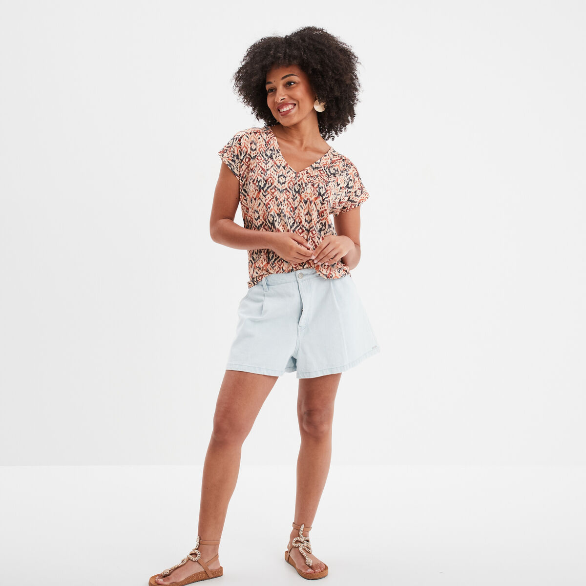 T-shirt col en V manches courtes terracotta femme